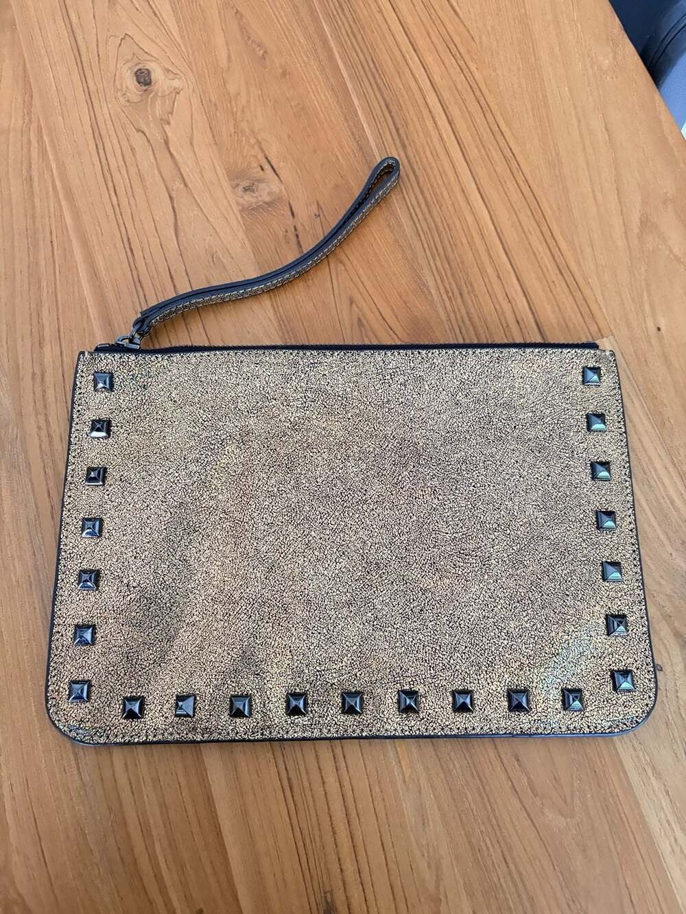Rebecca Minkoff Kerry Studded Glitter Metallic Gold Wristlet Clutch Like New